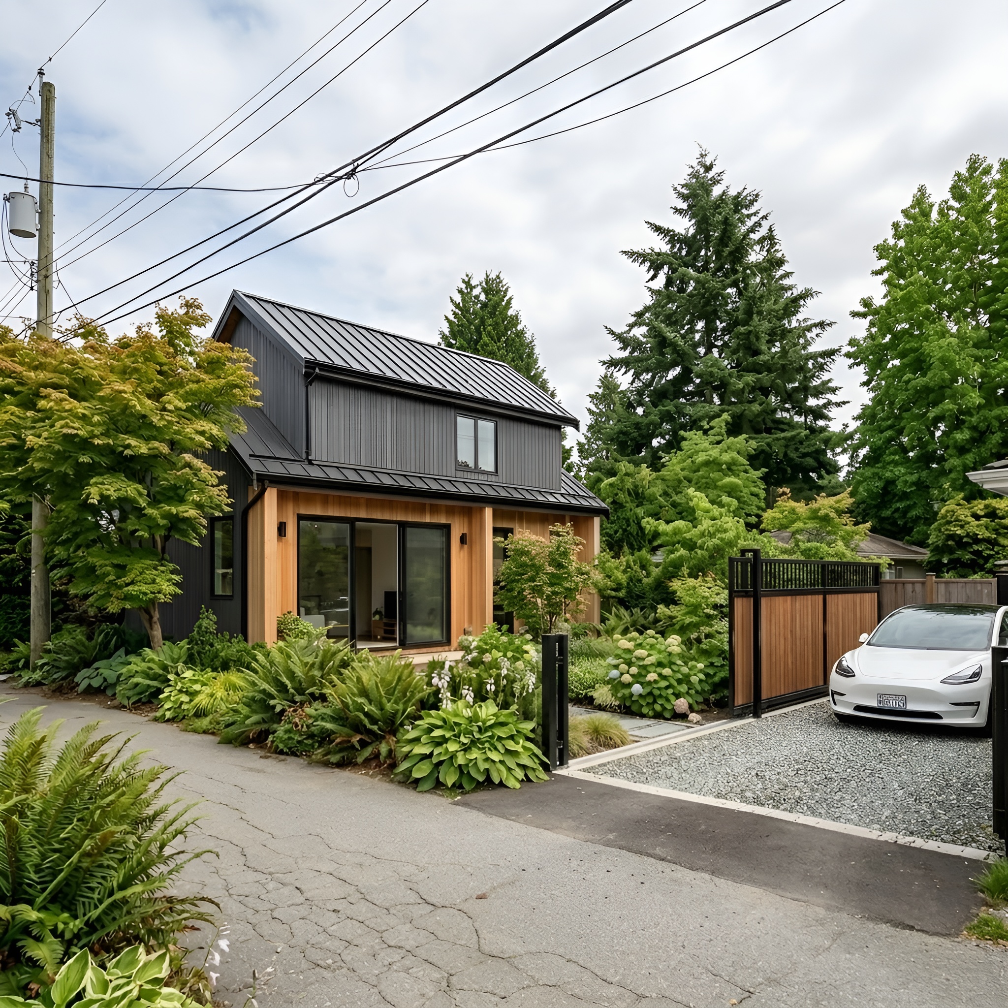 Two-storey cedar and steel laneway home with full-height glazing and metal roof